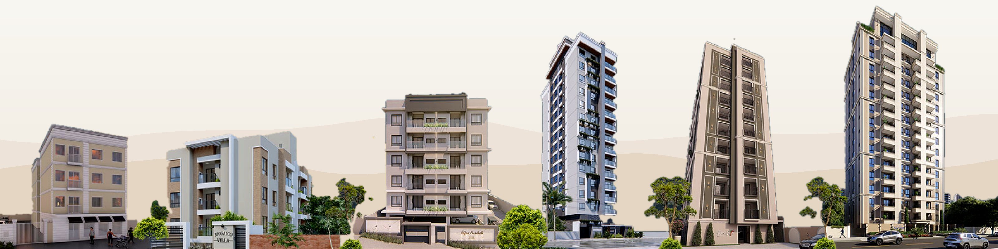 Perspectivas dos residenciais da BC Construtora lado a lado: You Residence, Mosaico Villa, PortoBello, Dom Romeu, Bona Vitta e Sicília