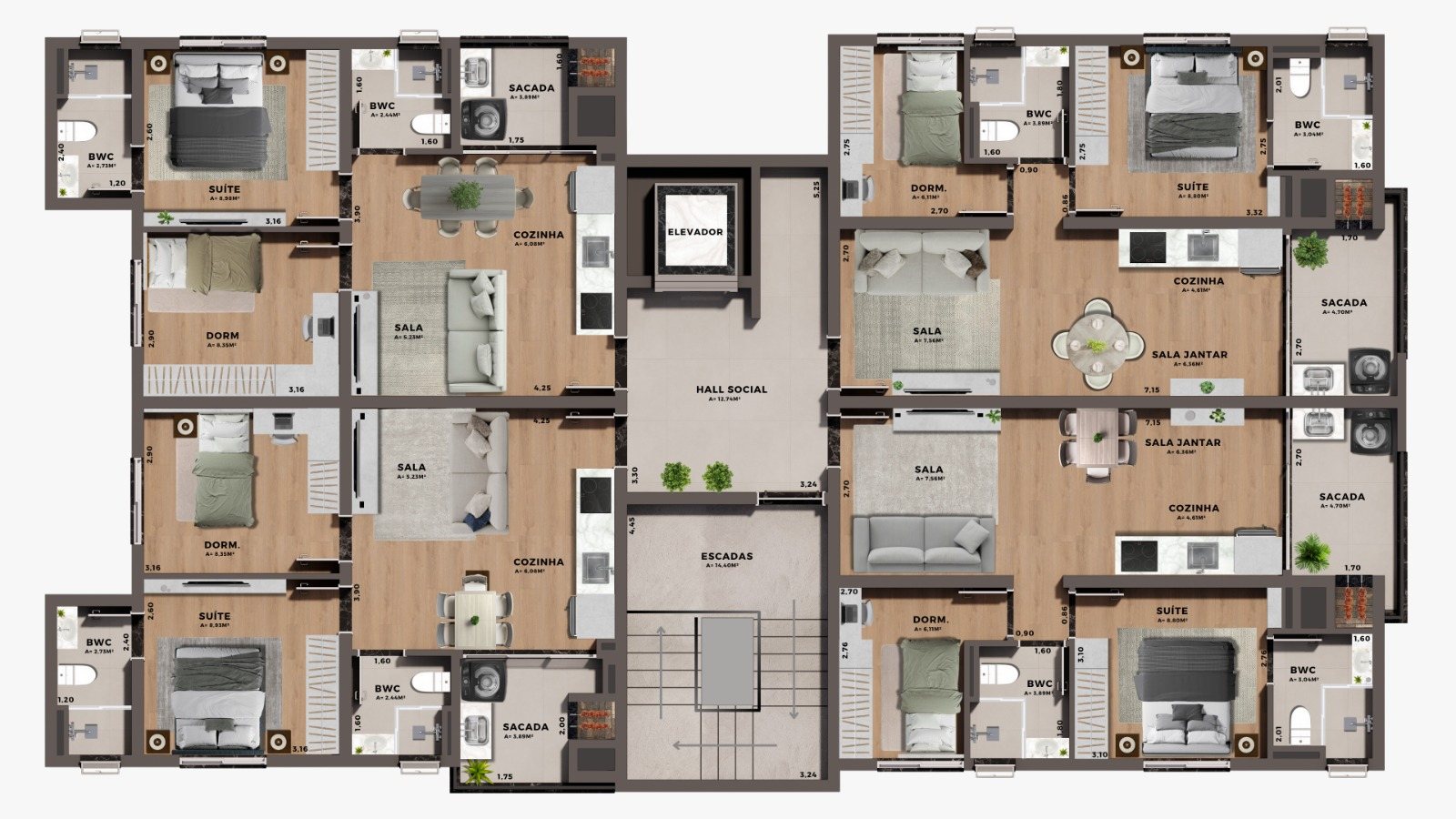 Planta humanizada do pavimento tipo com quatro apartamentos, hall social, elevador e escada